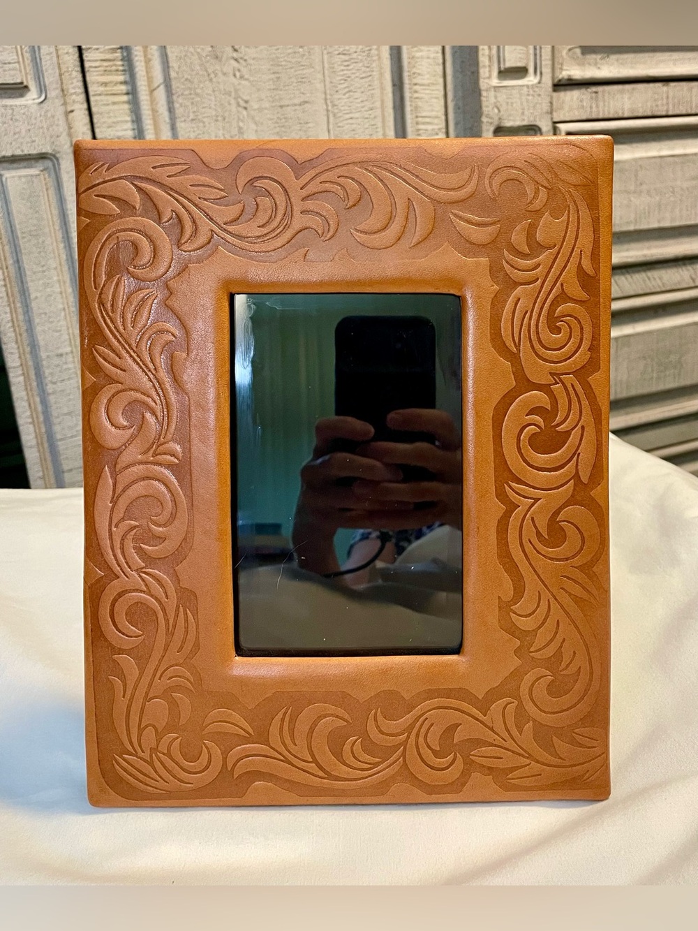 Tooled LEATHER Photo Frame - Accepts 4” x 6” - Freestanding - Back Loading